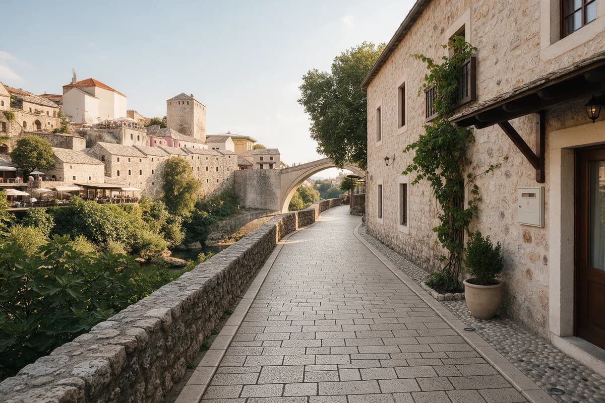 Editorial illustration of a walkable Mostar stay near the old bridge and river