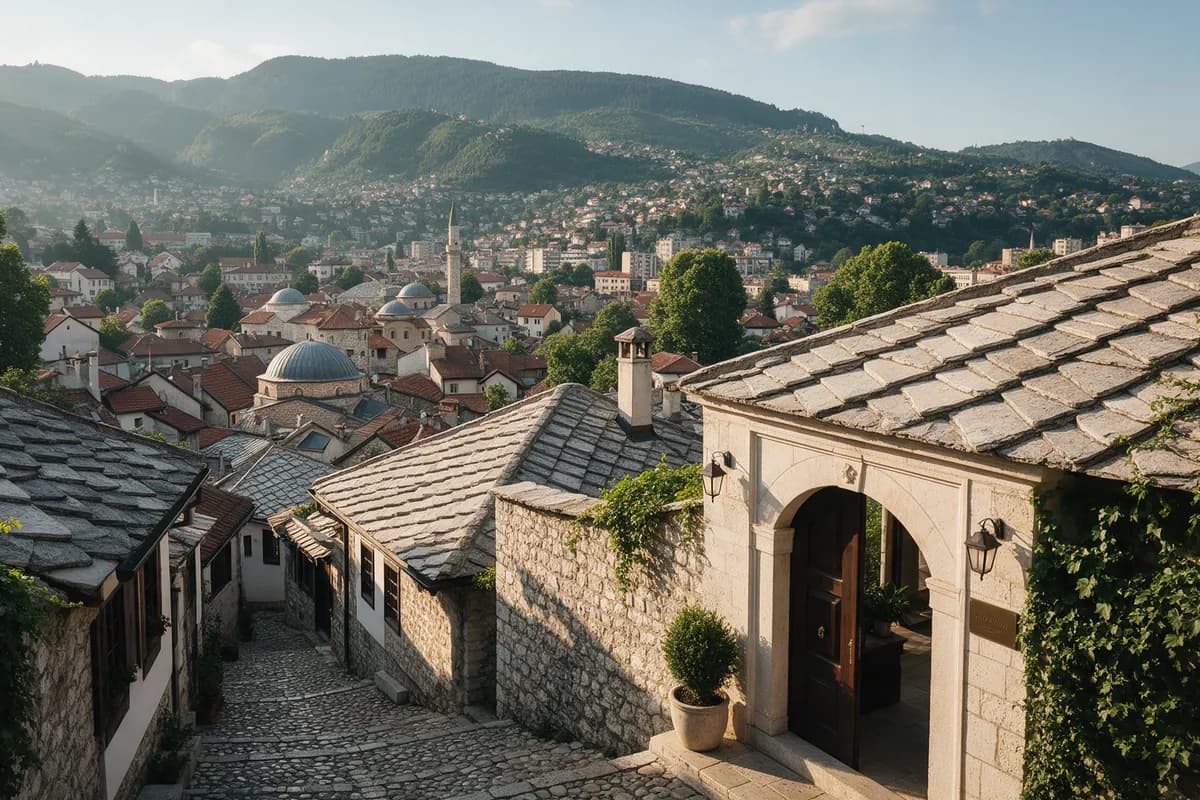 Editorial illustration of Sarajevo old-town streets and a nearby hotel base