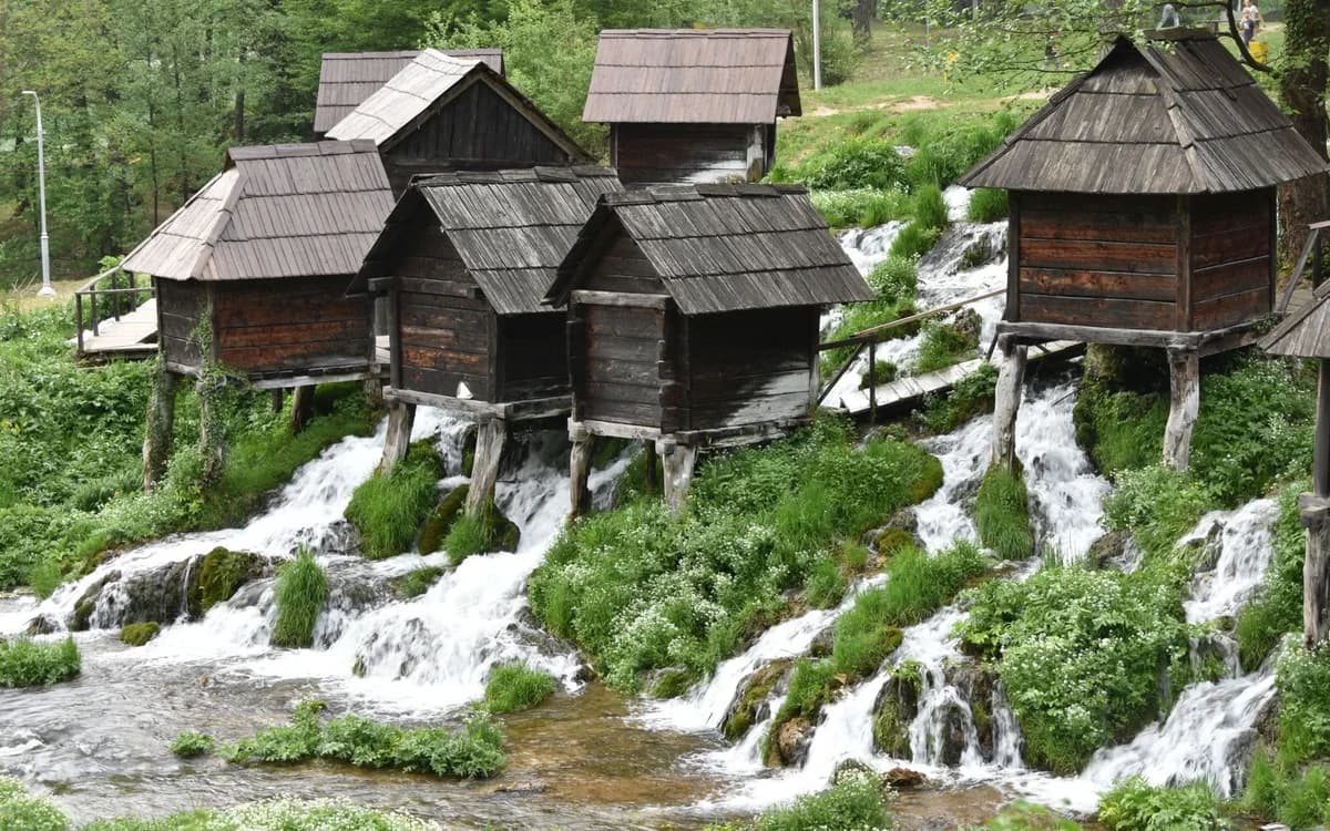 Historic wooden watermills between the Pliva Lakes near Jajce