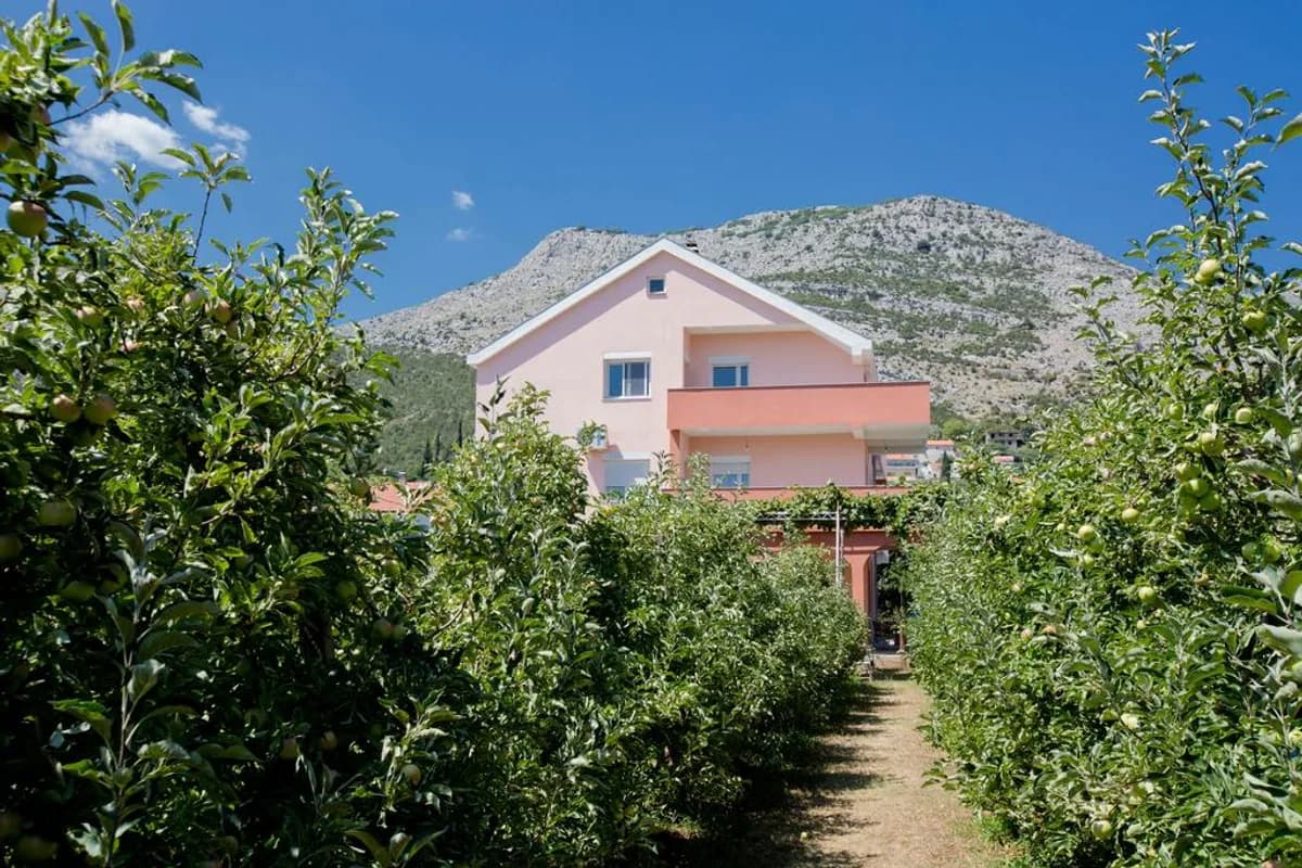 Pink exterior of Apartmani Slađo apartment building beyond fruit trees in Trebinje