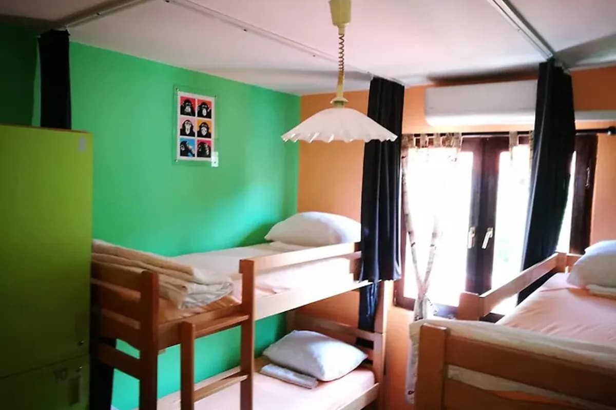 Balkaneros Hostel Mostar guest dormitory with wood bunk beds against bright green wall