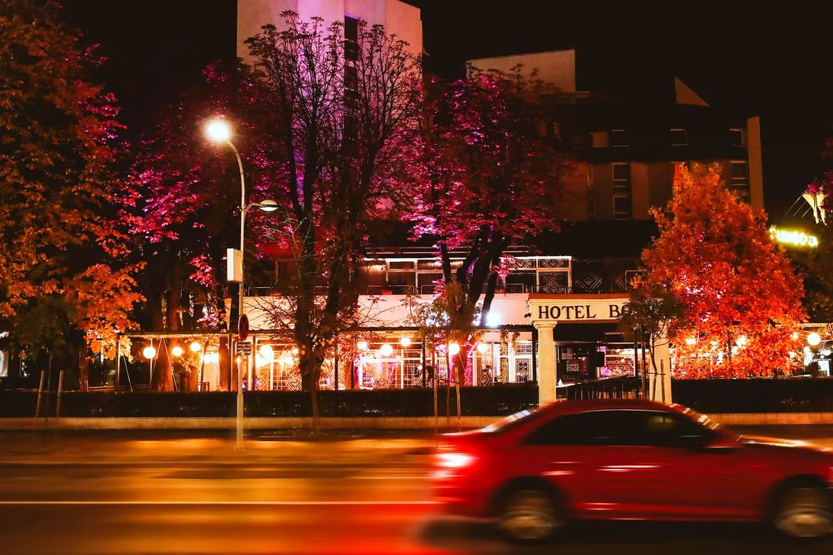 Exterior of Hotel Bosna in Banja Luka illuminated at night